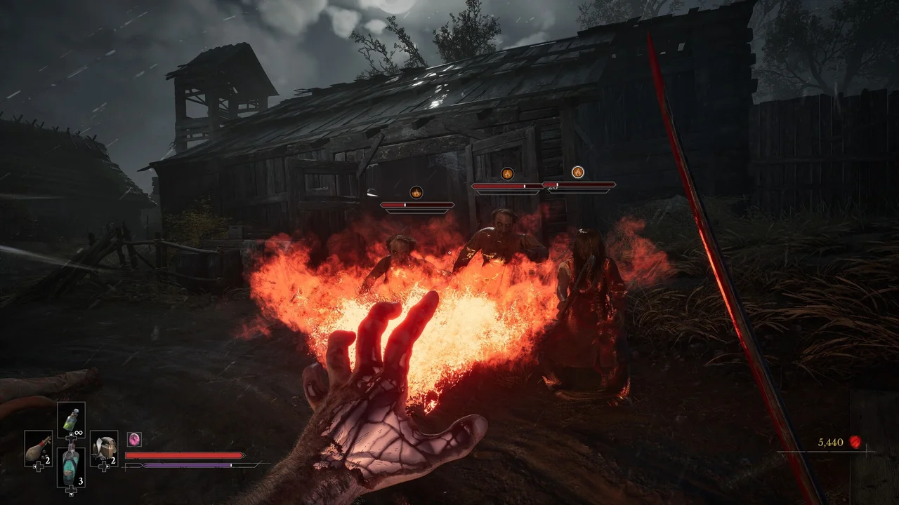 Fire bursts from William’s hand toward enemies outside a wooden structure