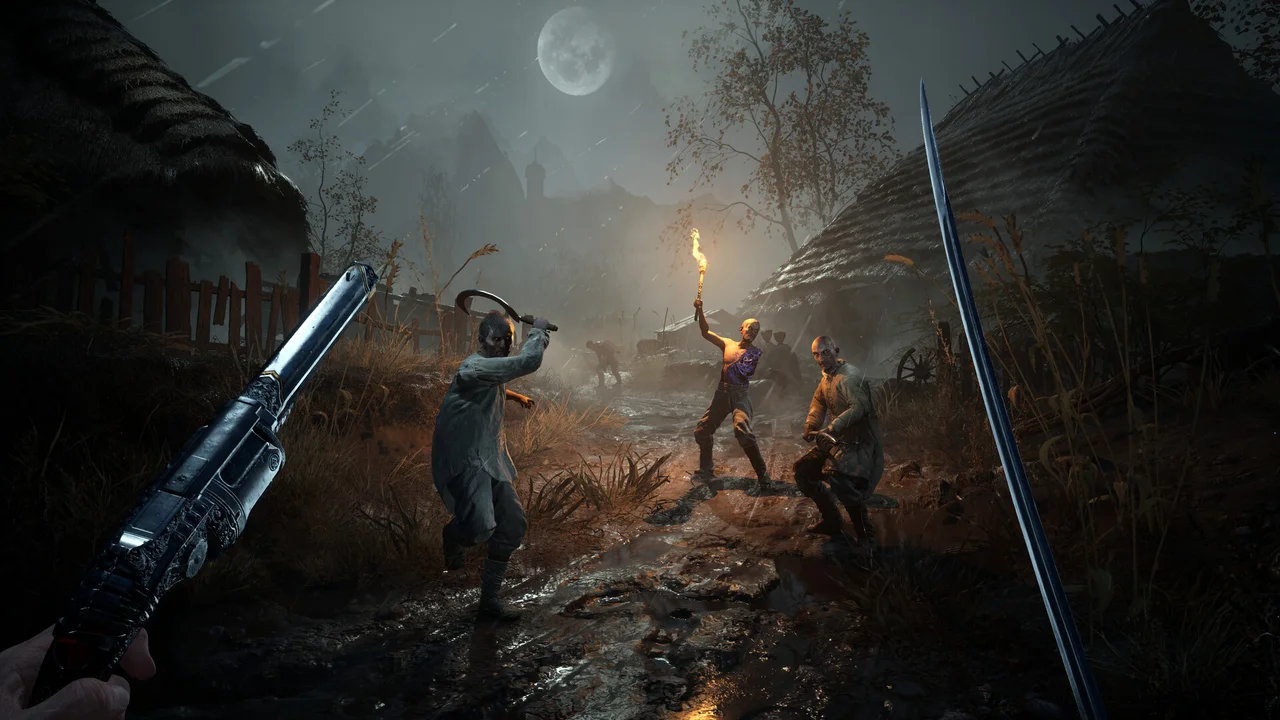 A pistol and sword frame torch-carrying villagers on a moonlit muddy street