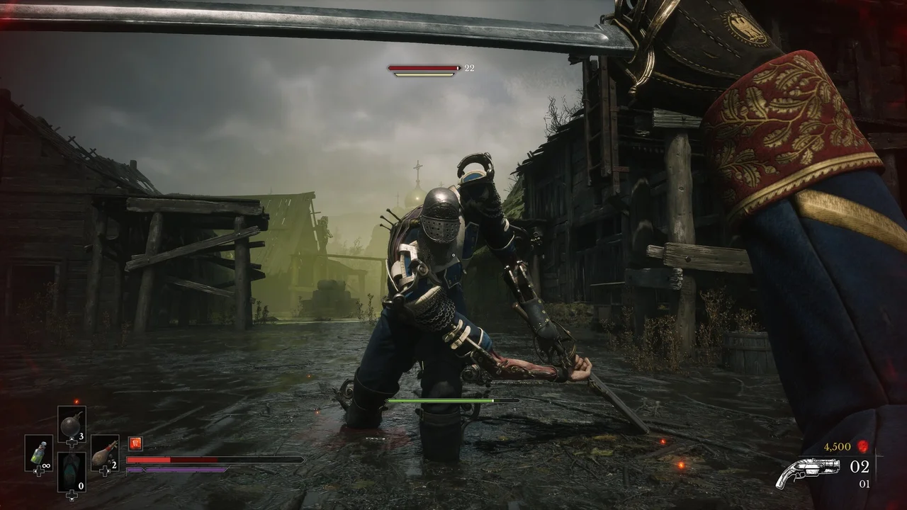 William faces an armored swordsman with a sword raised in the foreground